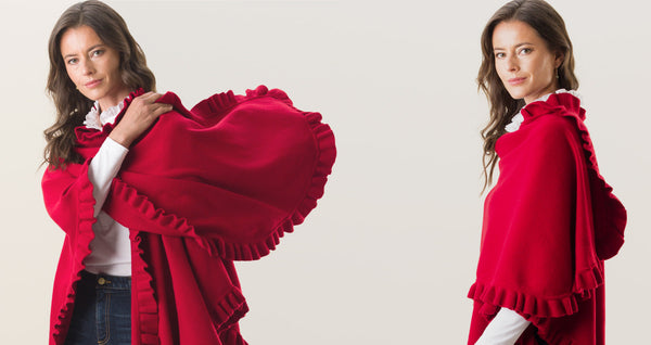 model pictured twice wearing red volant wrapped around her shoulders