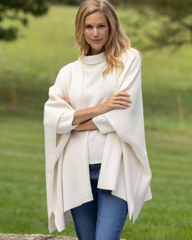 model wearing Divina Double Knit Cashmere Cape in ivory front