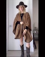 samantha brown wearing cowboy hat boots and Alpaca Wool Cape with Leather trim in Camel