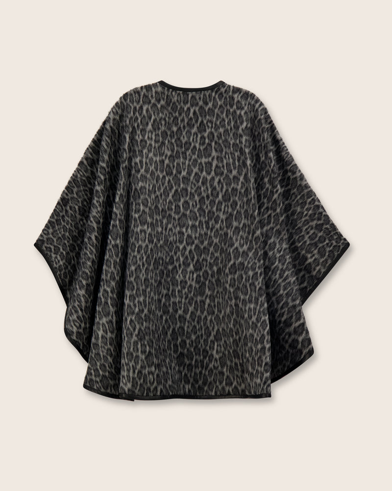 Alpaca Leopard Cape with Napa Leather Trim in Gray Leopard back view