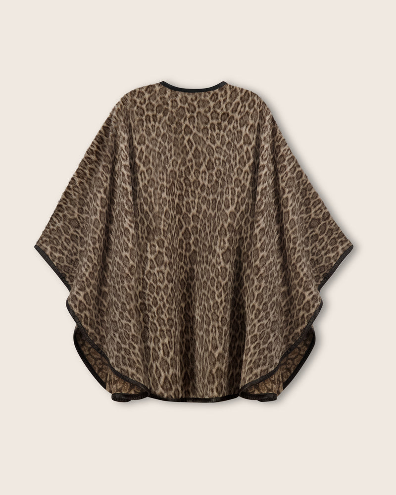 Alpaca Leopard Cape with Napa Leather Trim in Camel Leopard back view