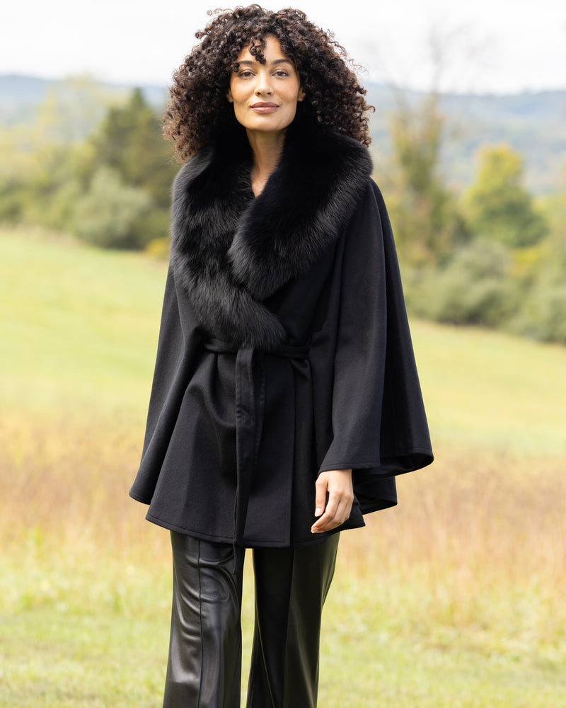 Model wearing Duchess Cape in black front