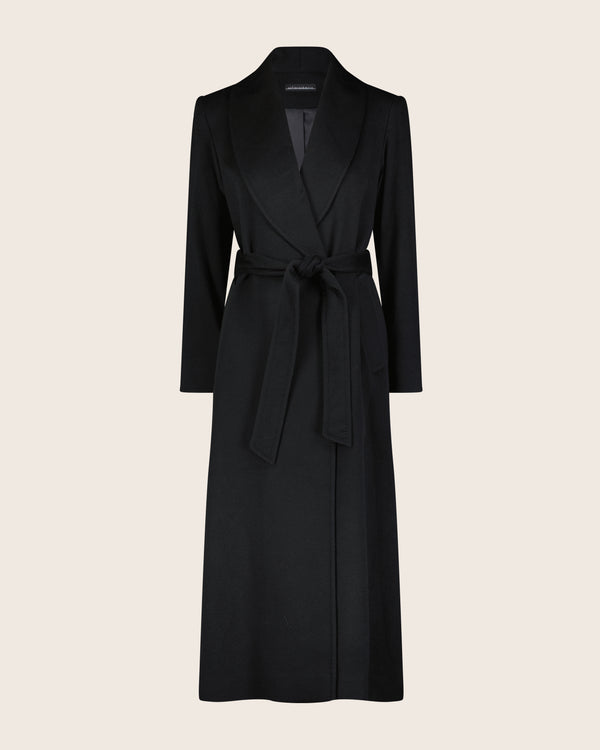 Cashmere Belted Shawl Collar Long Coat with Pick Stitching in black