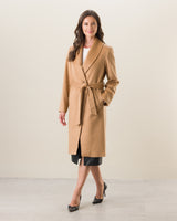 Woman wearing Carmela Belted Wrap Coat in camel