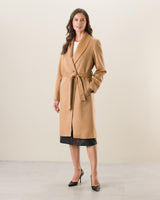 Woman wearing Carmela Belted Wrap Coat in camel