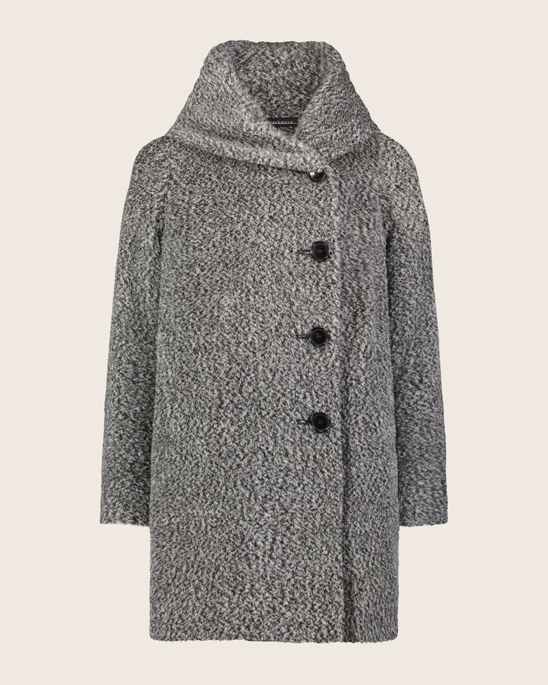 Alpaca Boucle Button Front Cocoon Coat with Foldover Envelope Pillow Collar in black/white