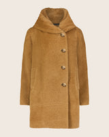 Alpaca Boucle Button Front Cocoon Coat with Foldover Envelope Pillow Collar in camel