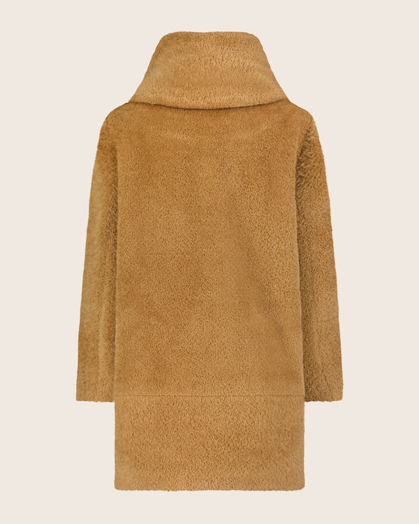 Alpaca Boucle Button Front Cocoon Coat with Foldover Envelope Pillow Collar in camel back