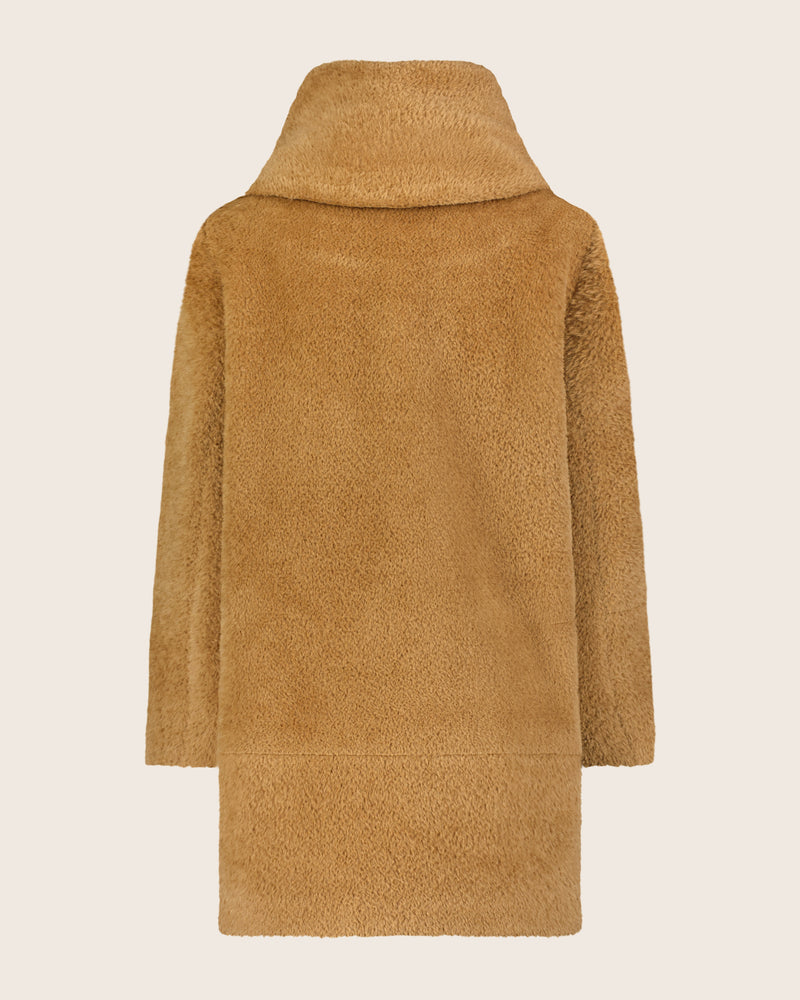 Alpaca Boucle Button Front Cocoon Coat with Foldover Envelope Pillow Collar in camel back