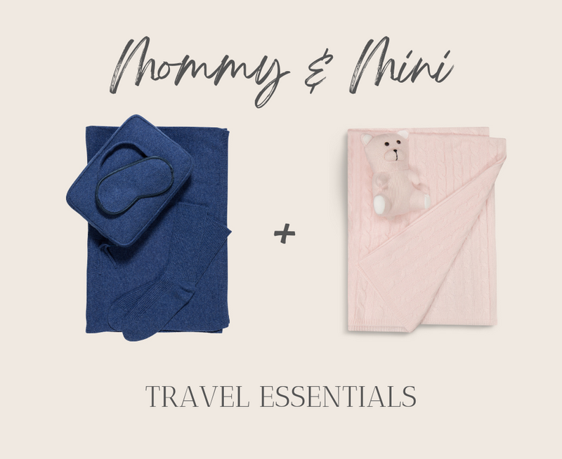 Mommy & Mini Travel Essentials. Aviano Travel set in Navy and Baby Bear Blanket Set in pink