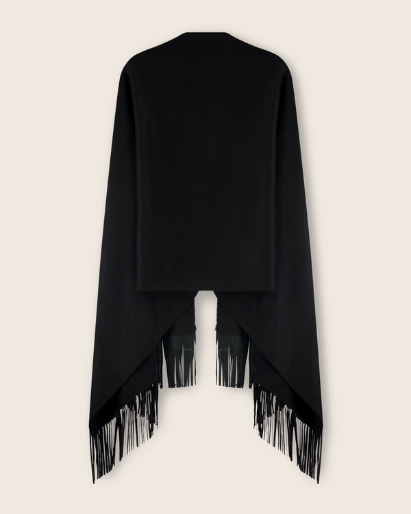 Cashmere Wrap with Leather Fringe in black back