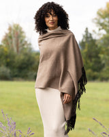 Model wearing Cashmere Wrap with Leather Fringe in Heather Taupe