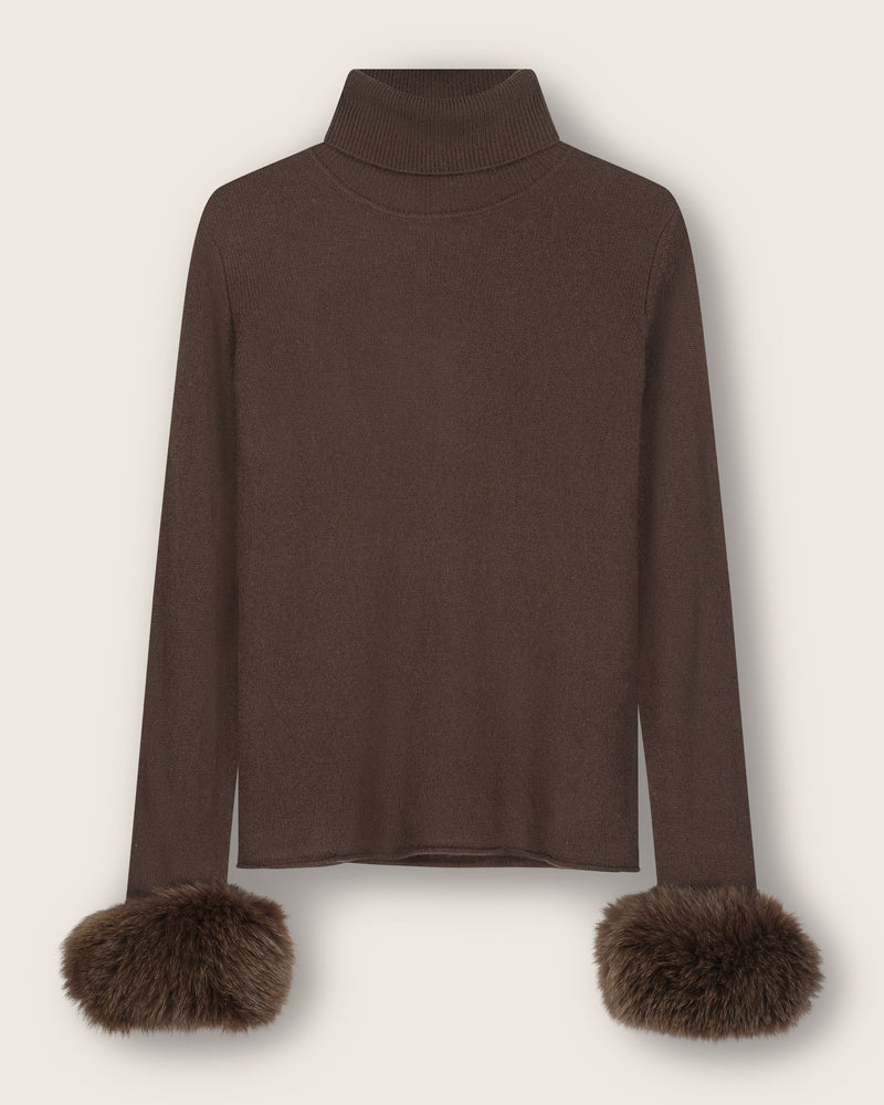 Cashmere Turtleneck with Finnish fur Cuffs in Dark Brown