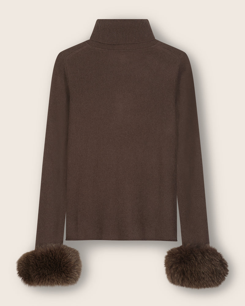 Cashmere Turtleneck with Finnish fur Cuffs in Dark Brown