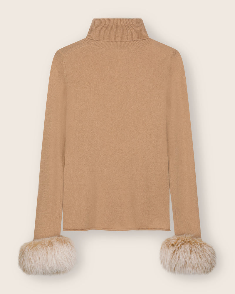 Cashmere Turtleneck with Finnish fur Cuffs in Camel