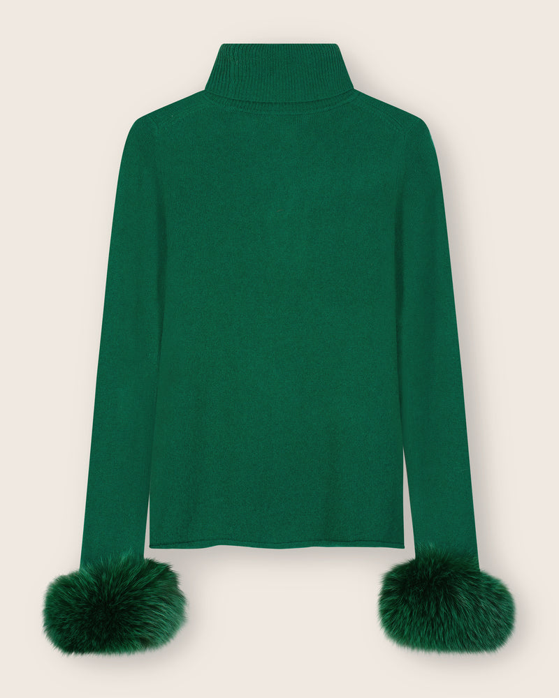 Cashmere Turtleneck with Finnish fur Cuffs in Green