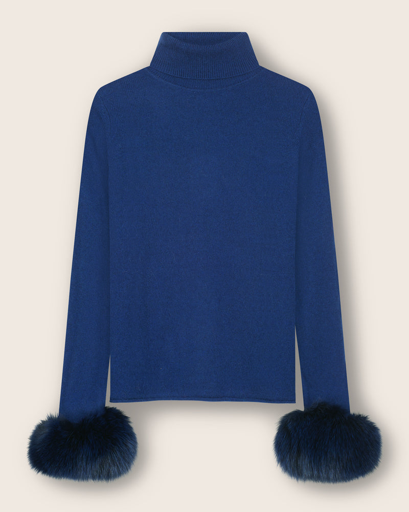 Cashmere Turtleneck with Finnish fur Cuffs in Navy