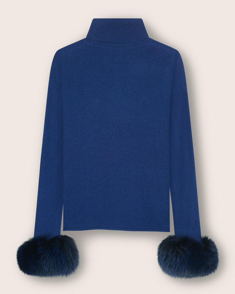 Cashmere Turtleneck with Finnish fur Cuffs in Navy