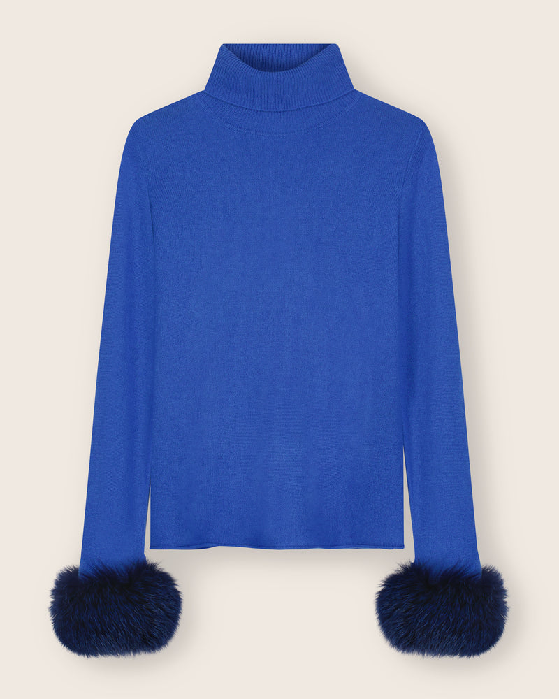 Cashmere Turtleneck with Finnish fur Cuffs in Bright Blue