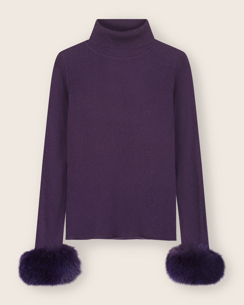 Cashmere Turtleneck with Finnish fur Cuffs in Currant