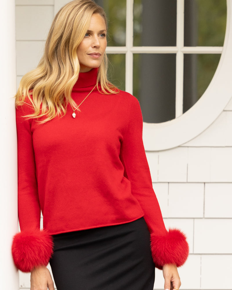 Cashmere Turtleneck with Finnish fur Cuffs in Red