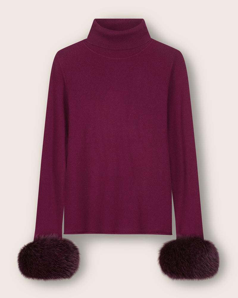 Cashmere Turtleneck with Finnish fur Cuffs in Merlot