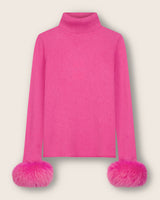 Cashmere Turtleneck with Finnish fur Cuffs in Bright Pink