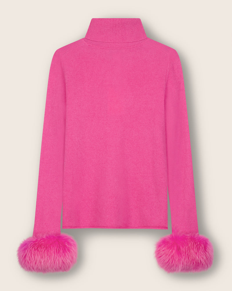 Cashmere Turtleneck with Finnish fur Cuffs in Bright Pink