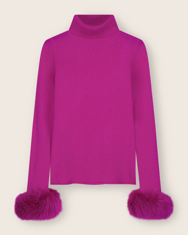 Cashmere Turtleneck with Finnish fur Cuffs in Fuchsia