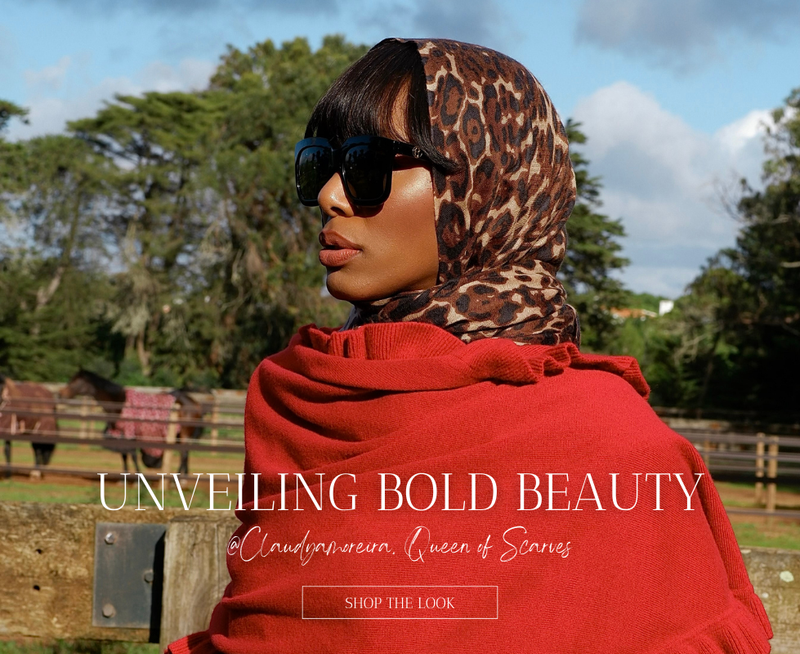 Photo of claudya moreira in red cashmere and leopard print head wrap. 