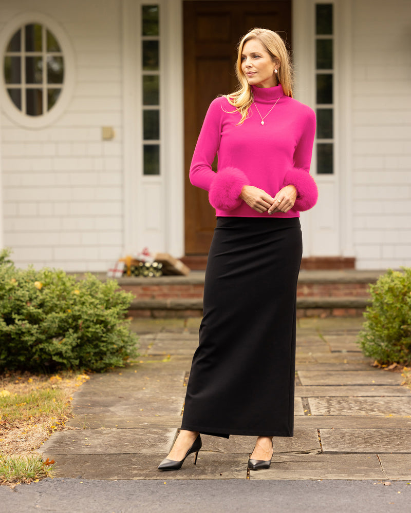 Cashmere Turtleneck with Finnish fur Cuffs in Bright Pink